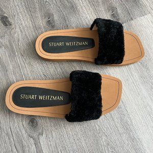 Stuart Weitzman Women's Cammy Shearling-Strap Slide Sandals Black Fuzzy 8